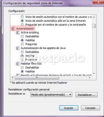 configuracion seguridad ie