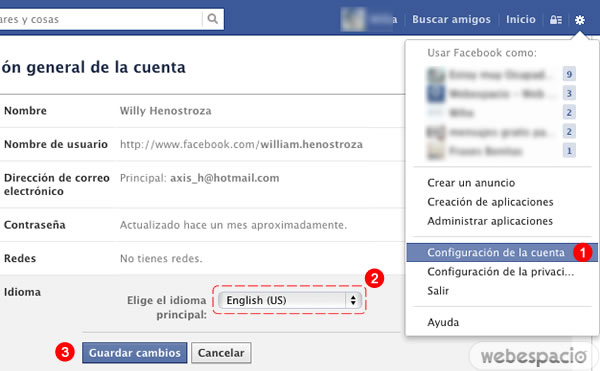 cambiar idioma facebook