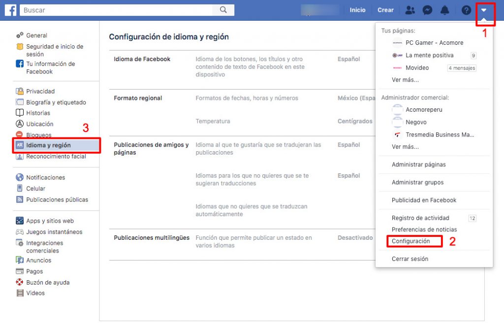 como cambiar idioma facebook