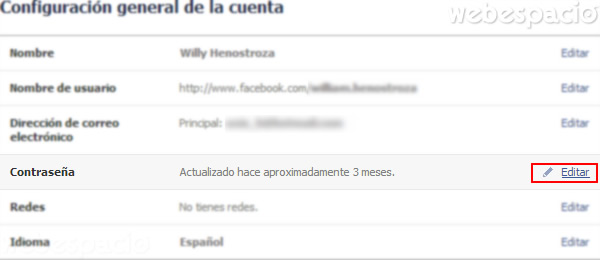 editar clave facebook