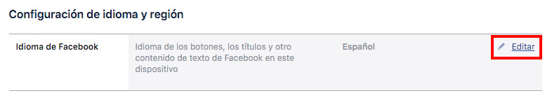 clic en idioma de facebook