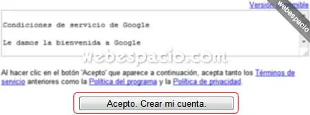 acepto crear correo