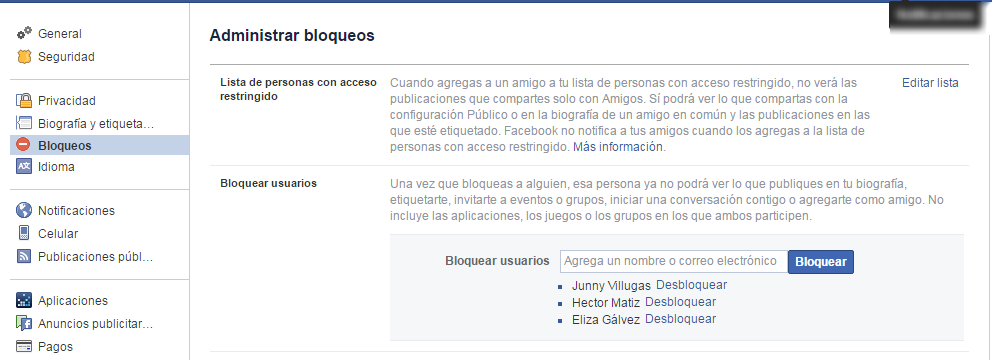 administrar bloqueos en facebook