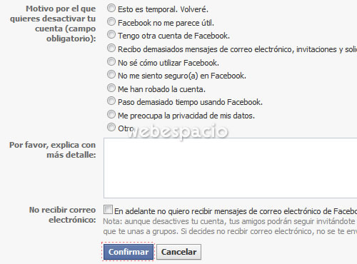 confirmar desactivacion de cuenta