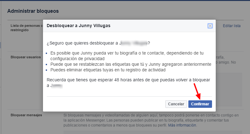 confirmar desbloqueo en facebook