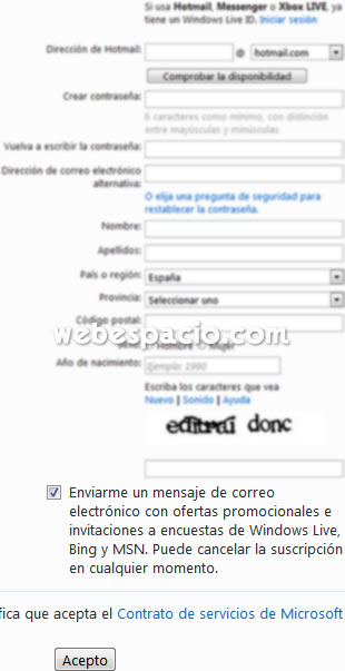 formulario registro hotmail