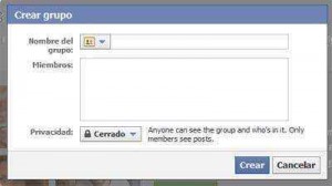 Cuadro de dialogo para crear grupo de Facebook