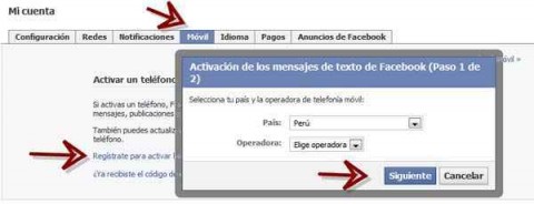 Activar mensajes texto Facebook