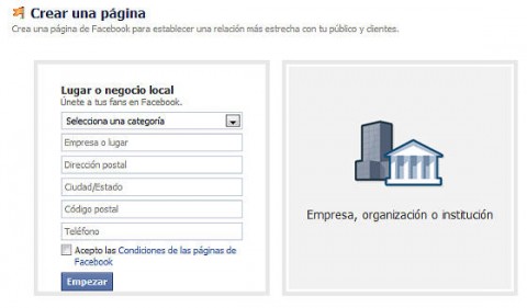 Ingresar datos para crear página en facebook