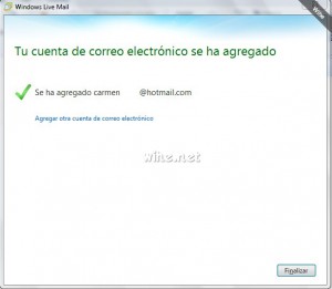 Parte final de agregar una cuenta de correo electrónico en Windows Live Mail