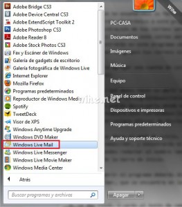 Encontrar Windows Live Mail en el menú inicio