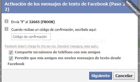 activar sms facebook