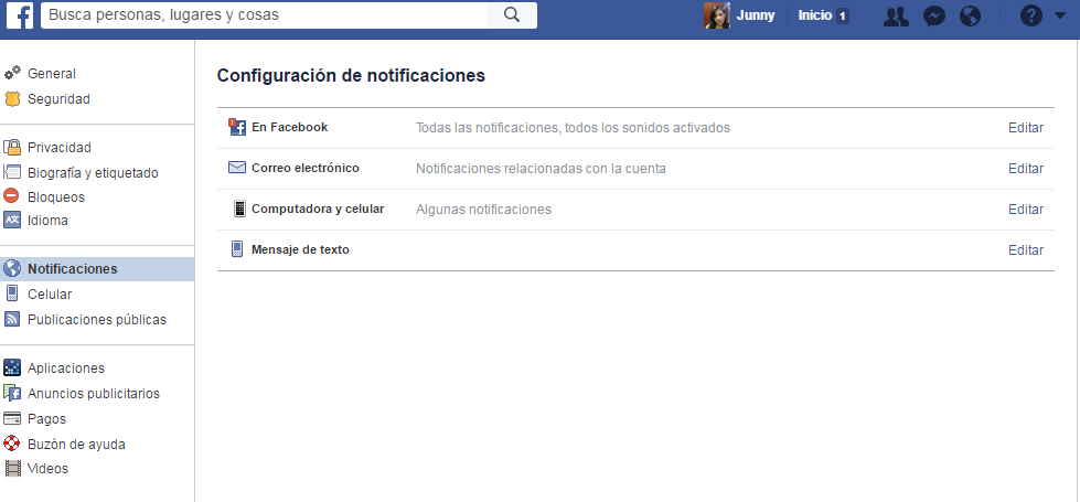 configuracion notificaciones de facebook