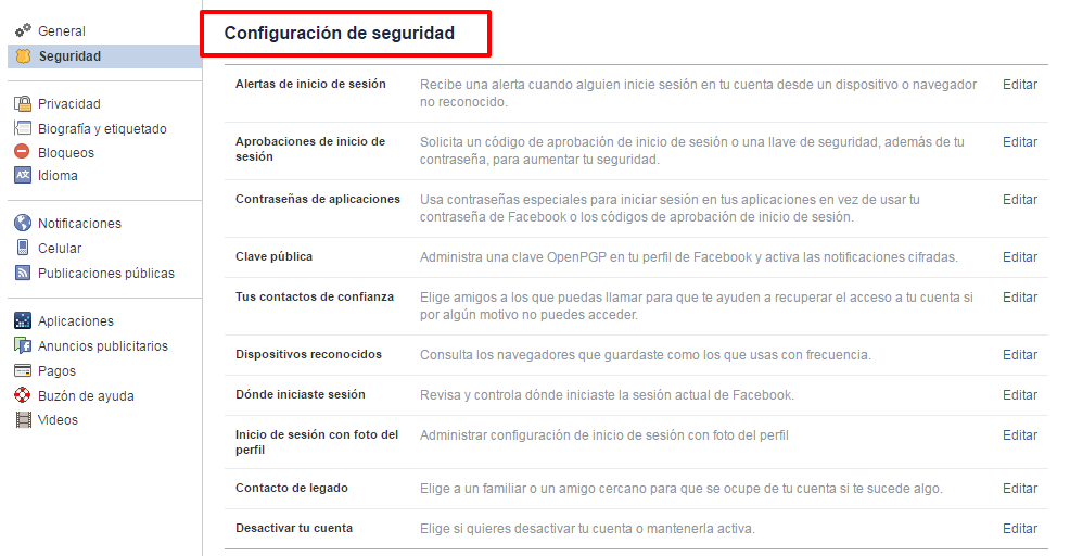 configuracion seguridad de facebook