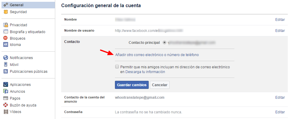 facebook configuracion de correo