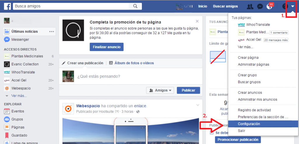 menu cuenta de facebook