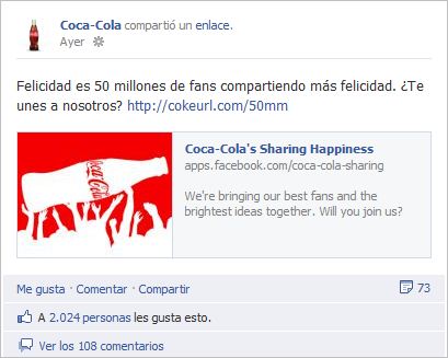 Coca-Cola celebra sus 50 millones de fans en Facebook