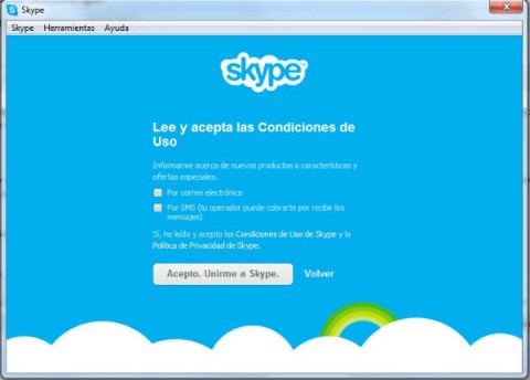 aceptar condiciones de uso de skype