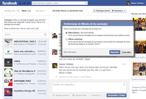 filtros de mensajes en facebook