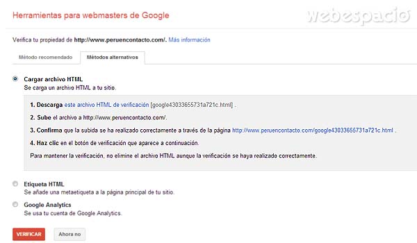 verificar sitio web subiendo archivo html en google