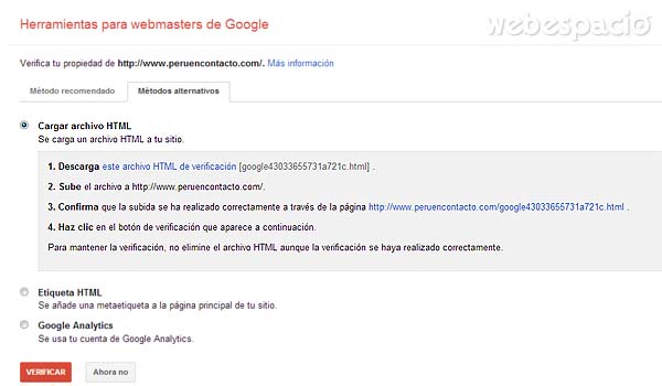 verificar sitio web subiendo archivo html en google