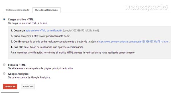 verificar sitio web con archivo html en google