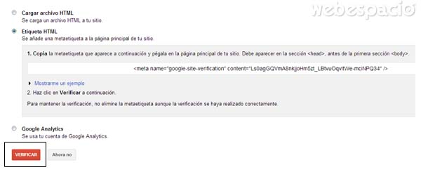 verificar el sitio web con metaetiqueta de google