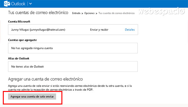 agregar cuenta solo enviar a outlook