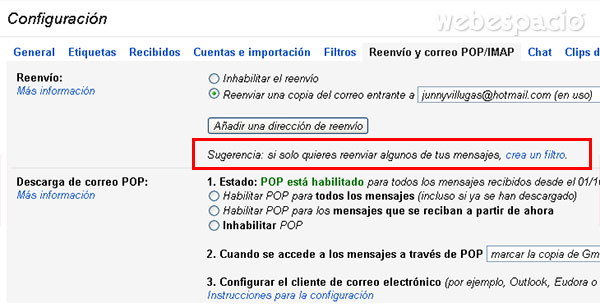 crear filtro para reenviar mensajes de gmail a outlook