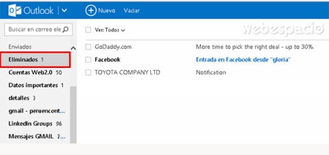 mensajes eliminados de outlook