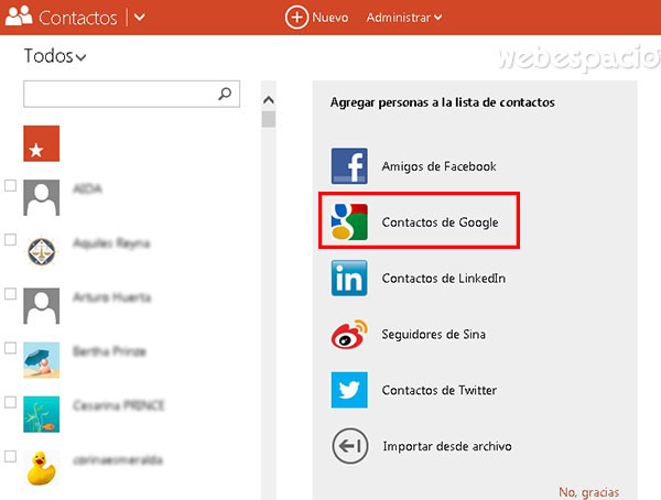 vincular lista de contactos gmail en outlook