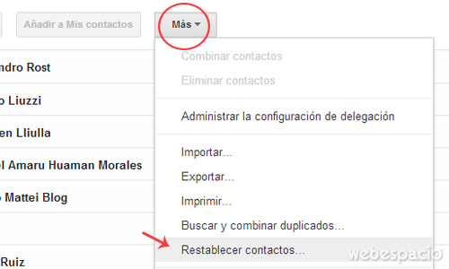 restablecer contactos de correo gmail