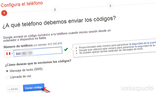 configurar telefono para verificar correo gmail en dos pasos