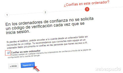 seleccionar ordenador confiable para verificar correo gmail en dos pasos