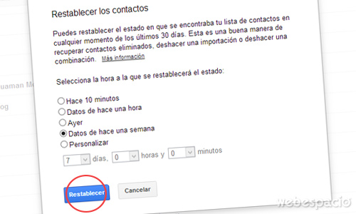 tiempo para restablecer contactos      