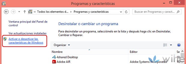 activar desactivar características windows 8