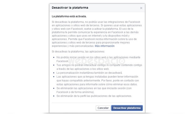 desactivar plataforma facebook