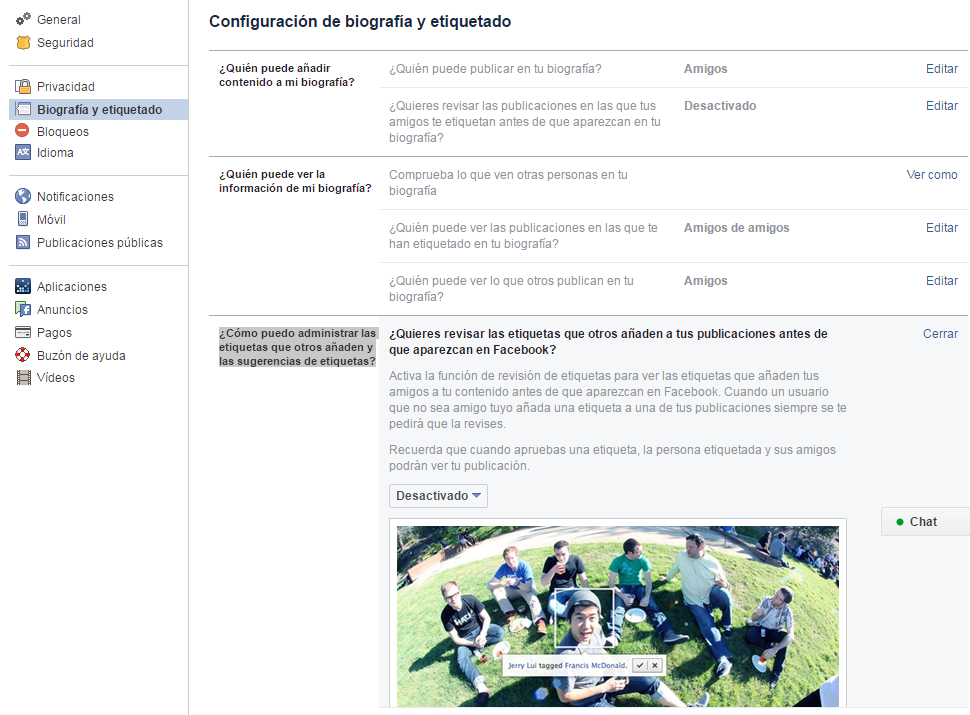 administrar etiquetas facebook
