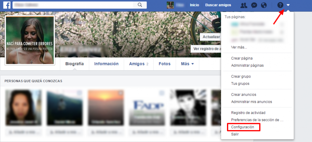 configuración facebook