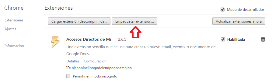 empaquetar extensión chrome