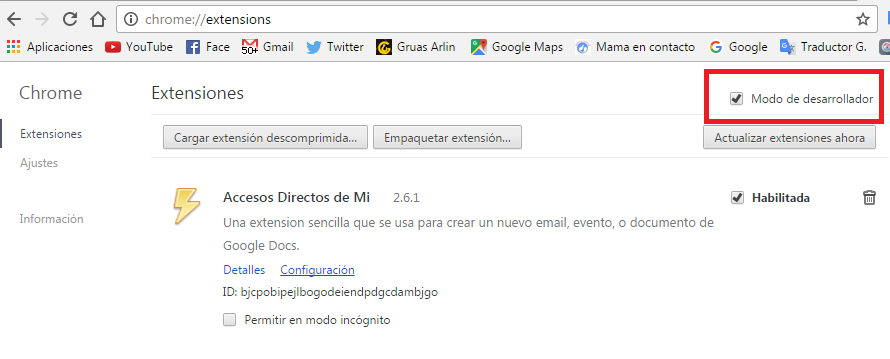 modo desarrollador extensiones